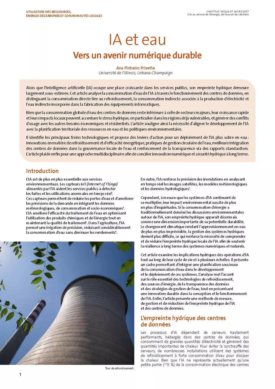 1ère page de "IA et eau : Vers un avenir numérique durable"