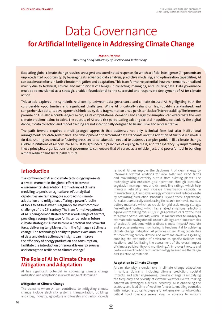 First page of "Data Governance for Artificial Intelligence in Addressing Climate Change"